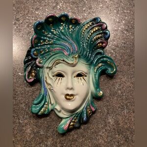 Ceramic Venetian Mask Wall Art in Teal with Gold Accents